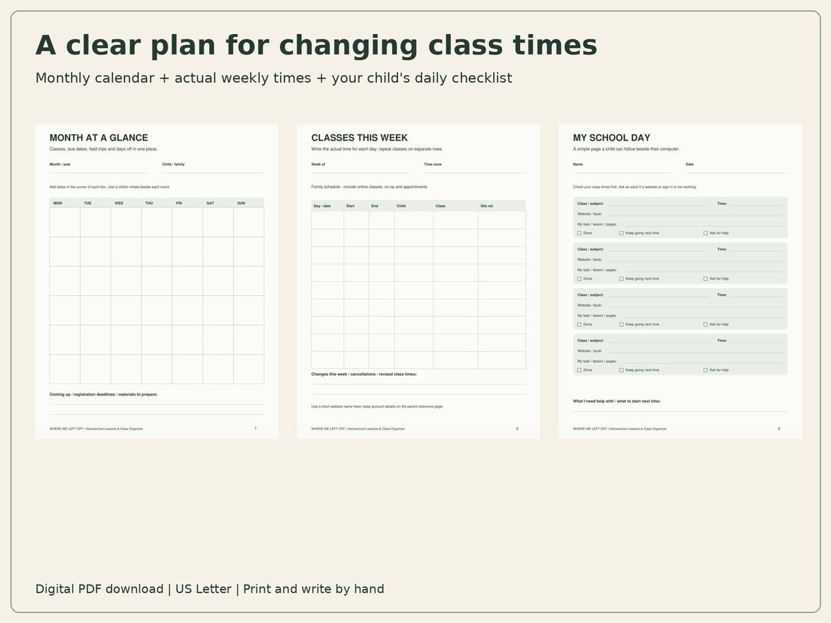 Homeschool Planner Printable | Lessons, Class Schedule & Website Log | 20-Page PDF