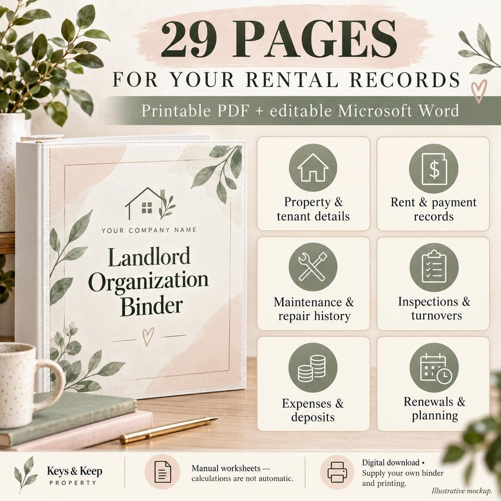Landlord binder beside six icons for tenant details, rent records, repairs, inspections, expenses, and renewals.