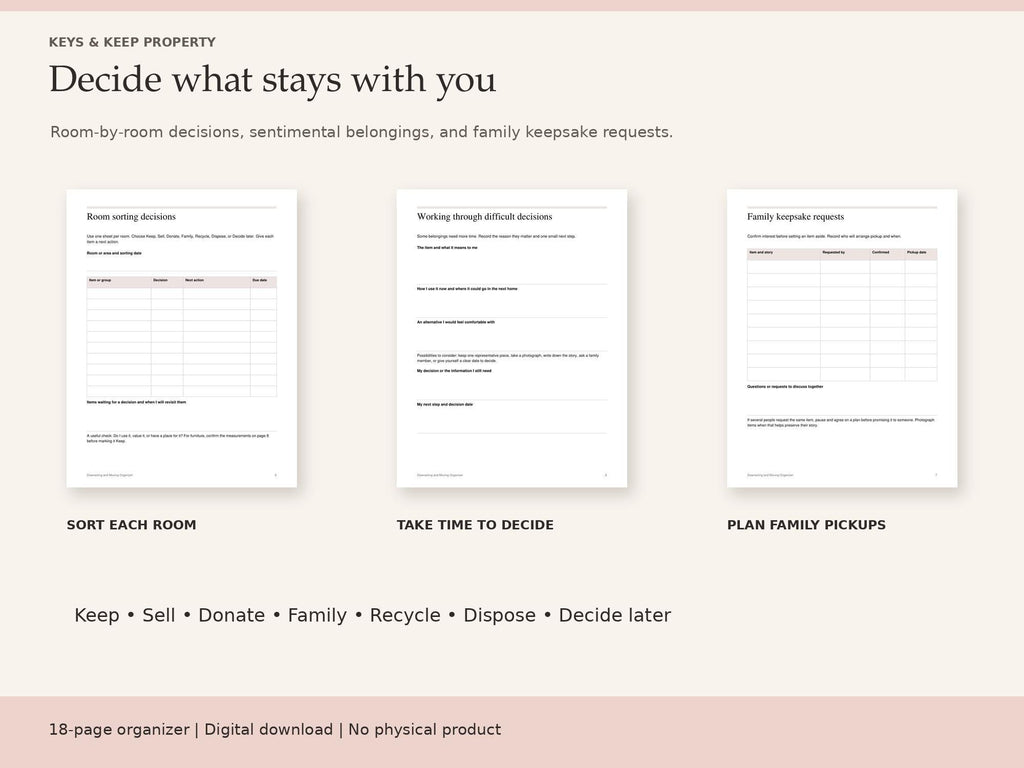 Downsizing previews for room sorting, difficult decisions, and family keepsake requests beneath Decide what stays with you.