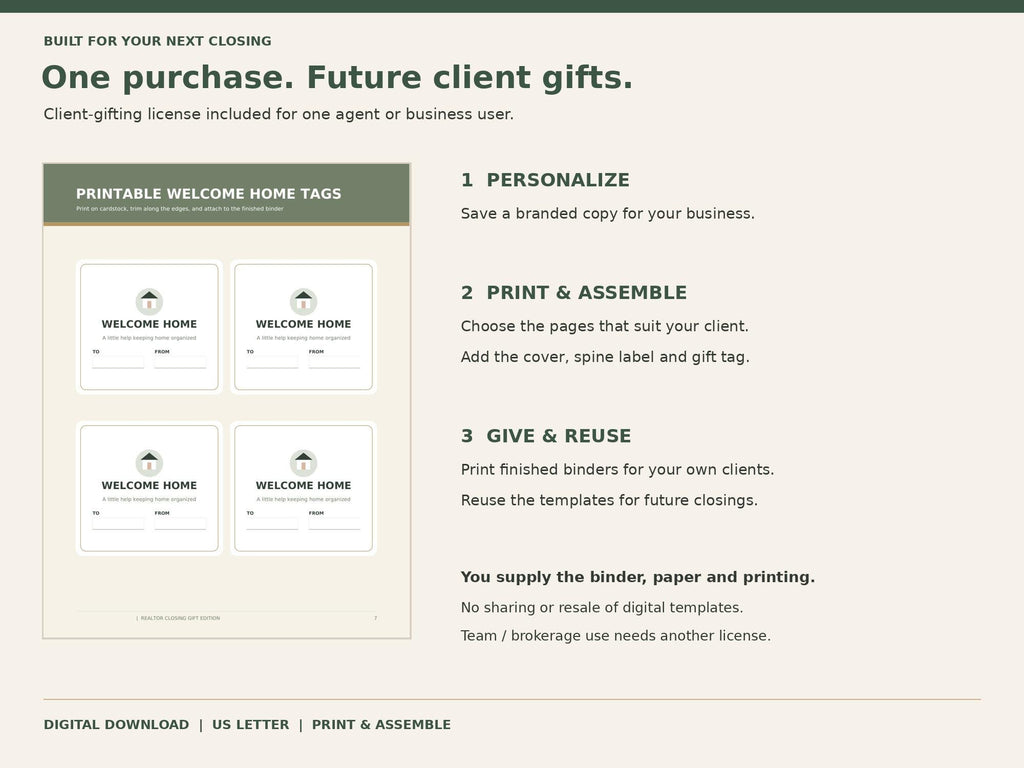 Printable Welcome Home gift-tag sheet beside personalize, print and assemble, and give and reuse instructions.