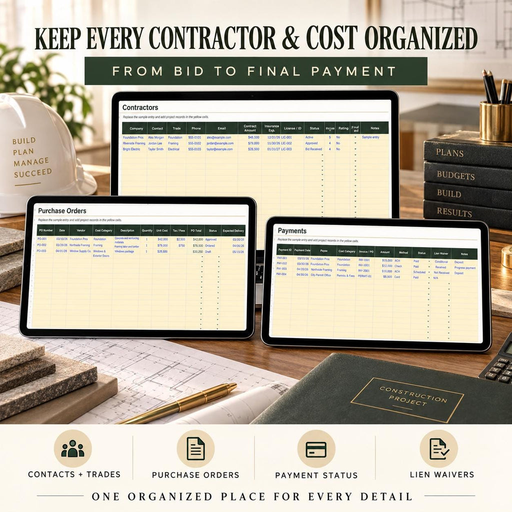 Home Builder Budget & Project Tracker | 12-Tab Excel and Google Sheets Construction Spreadsheet