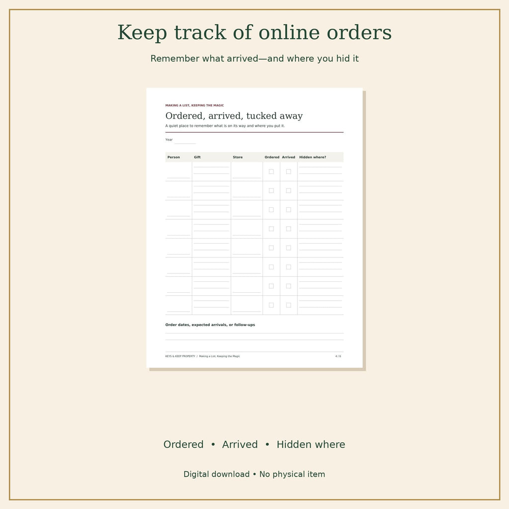Christmas gift order-tracking worksheet with person, gift, store, ordered, arrived, and hiding-place columns.