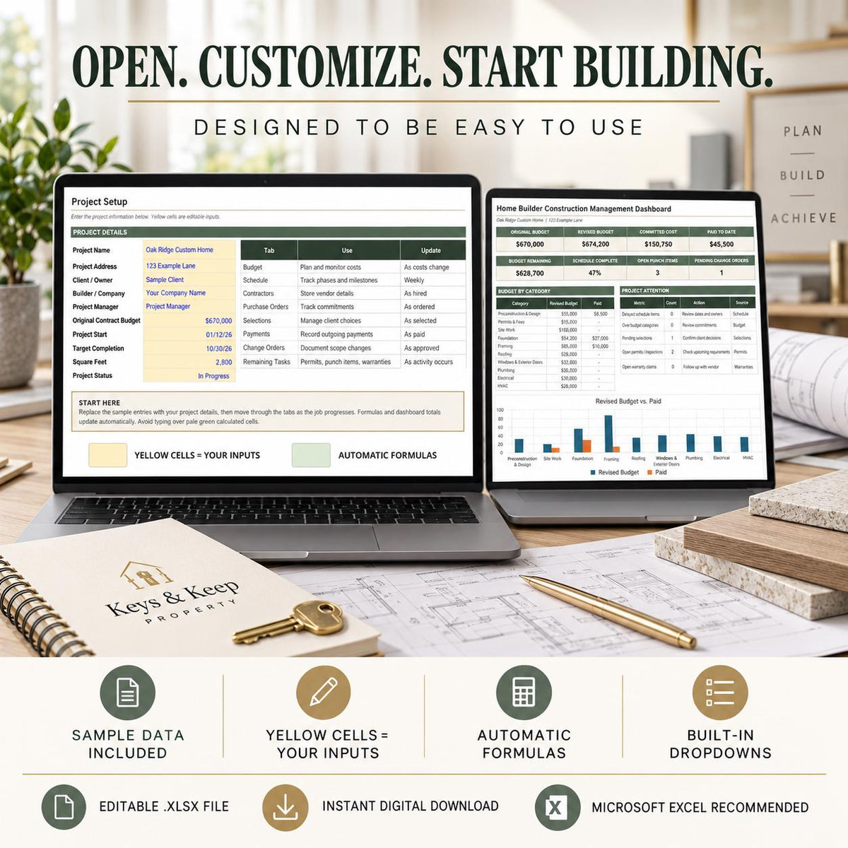 Home Builder Budget & Project Tracker | 12-Tab Excel and Google Sheets Construction Spreadsheet