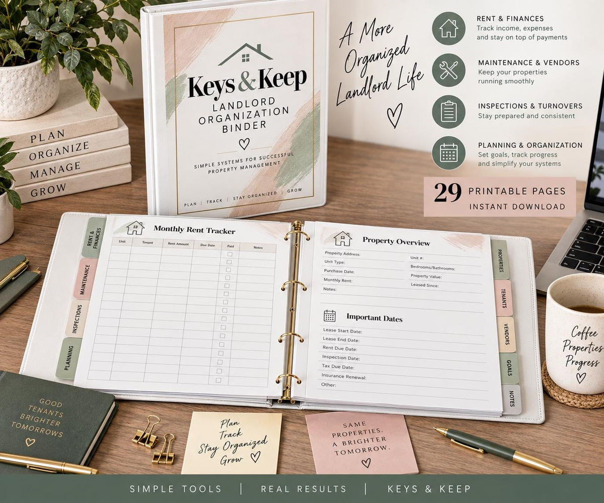 Landlord Organization Binder | Rental Property, Tenant, Rent and Maintenance Records | 29-Page Printable PDF + Word