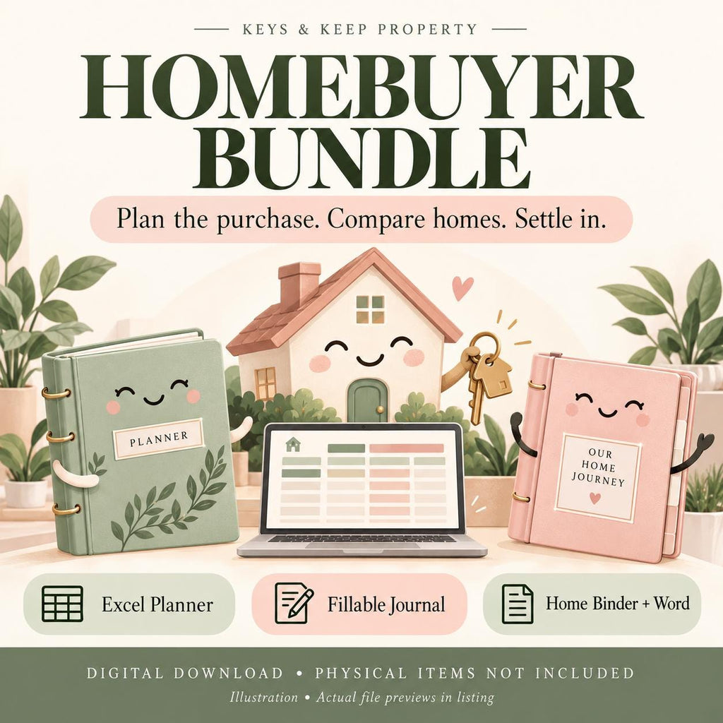 Homebuyer Bundle illustration with smiling green and pink binders, a house holding keys, and a laptop spreadsheet.