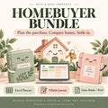 Homebuyer Bundle illustration with smiling green and pink binders, a house holding keys, and a laptop spreadsheet.