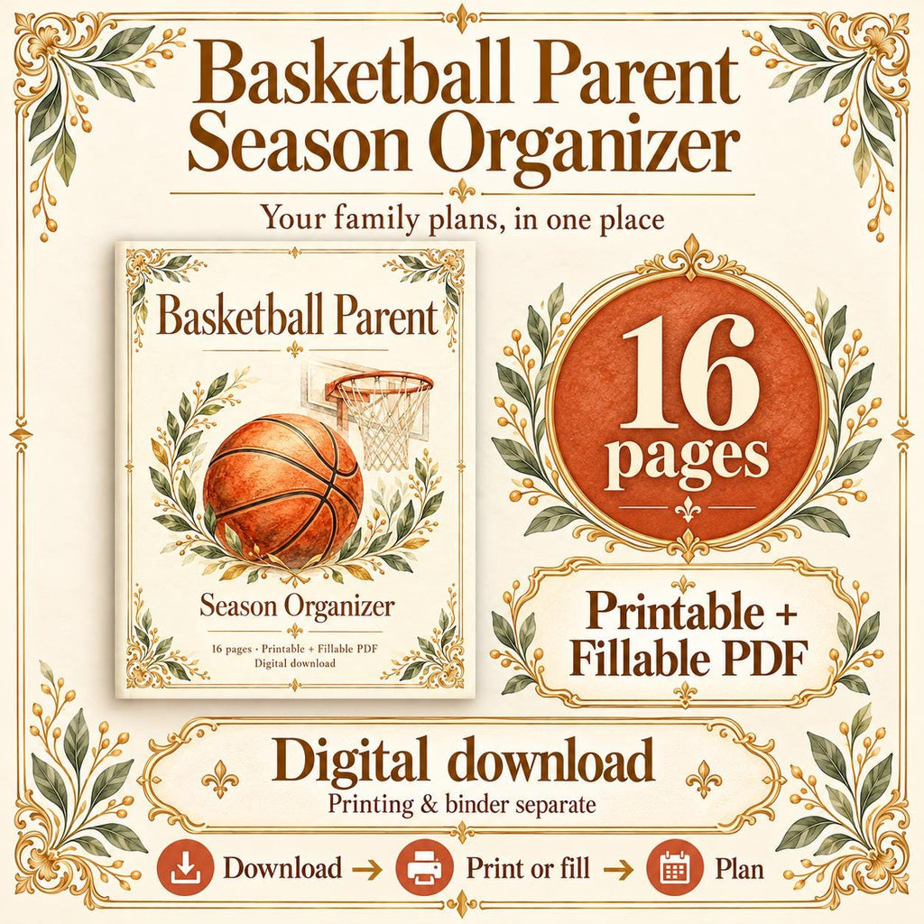 Basketball Parent Season Organizer | Printable and Fillable PDF, Games, Rides, Food and Jerseys
