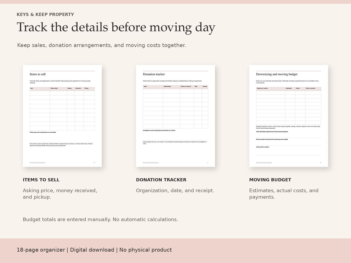 Moving Planner and Downsizing Organizer | Packing Checklist, Moving Budget | 18-Page Fillable PDF + Editable Word