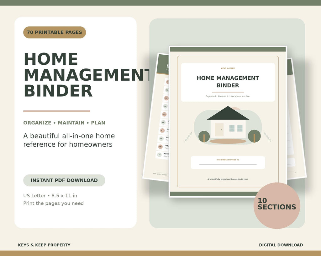 Home Management Binder | New Home Organizer, Maintenance and Household Records | 70-Page Printable PDF + Editable Word