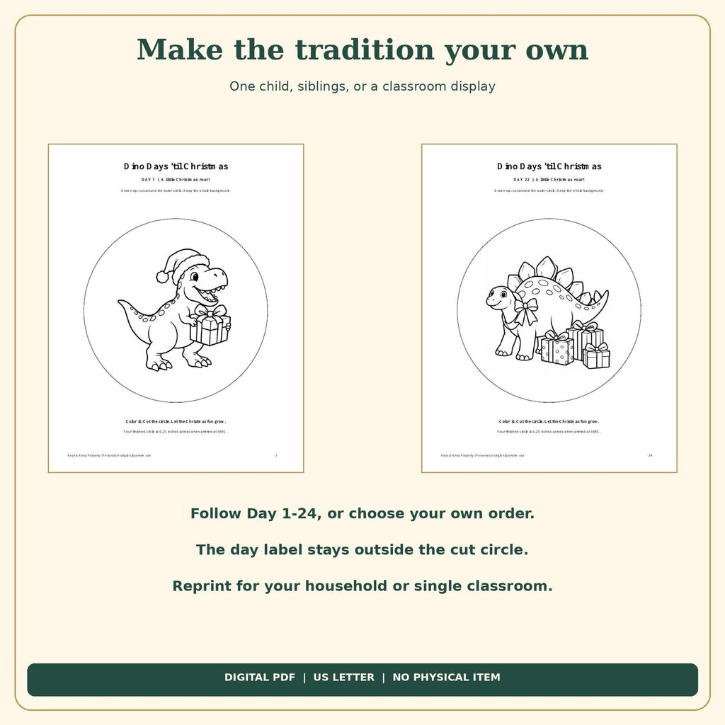 Dinosaur Christmas Countdown Printable | 24 Color and Hang Scenes, Easy Cut Circles | 26-Page PDF