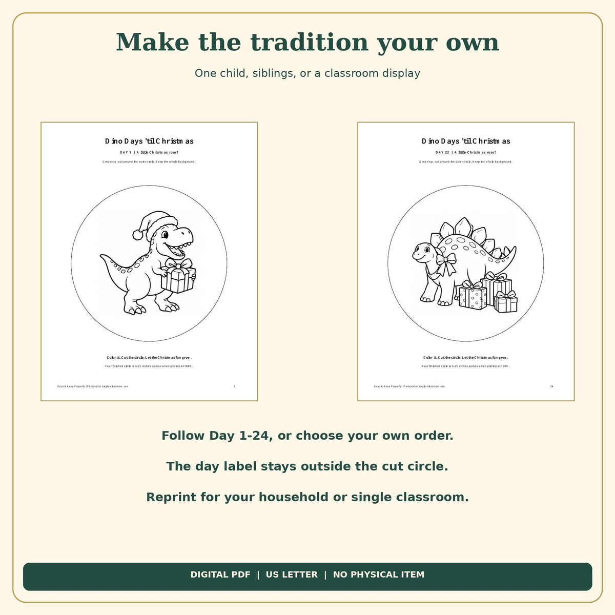 Dinosaur Christmas Countdown Printable | 24 Color and Hang Scenes, Easy Cut Circles | 26-Page PDF