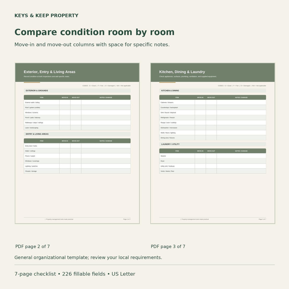 Move-In Move-Out Inspection Checklist | 7-Page Fillable PDF + Editable Word