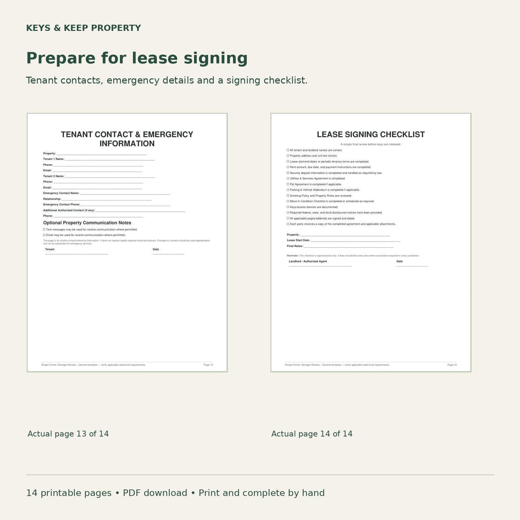 Tenant Contact and Emergency Information form beside Lease Signing Checklist beneath Prepare for lease signing.