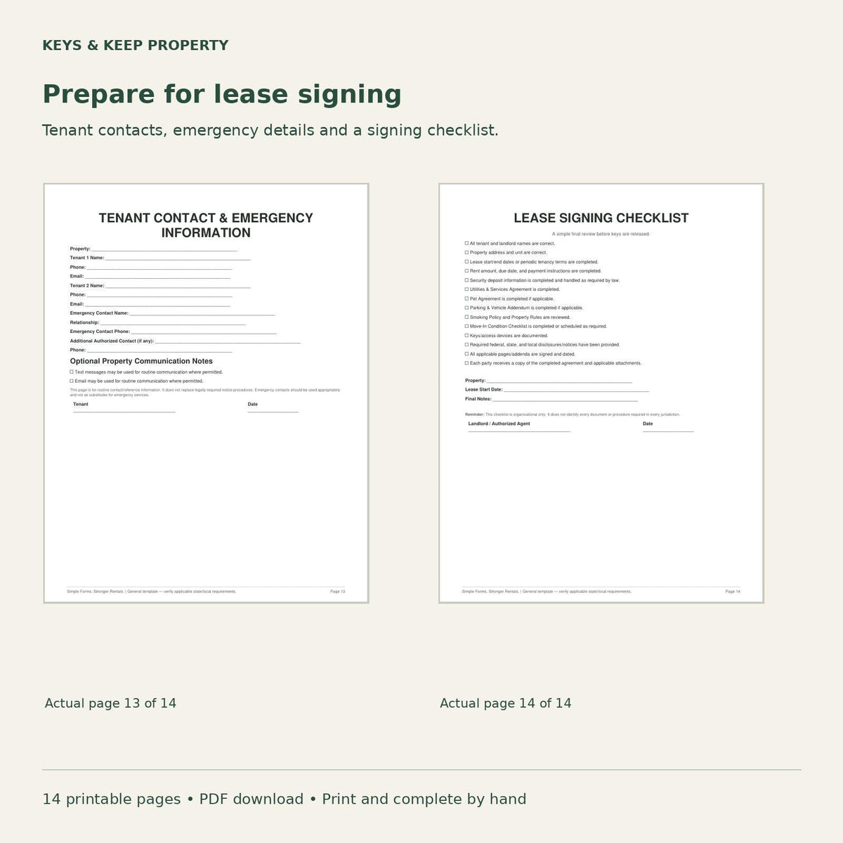 Tenant Contact and Emergency Information form beside Lease Signing Checklist beneath Prepare for lease signing.