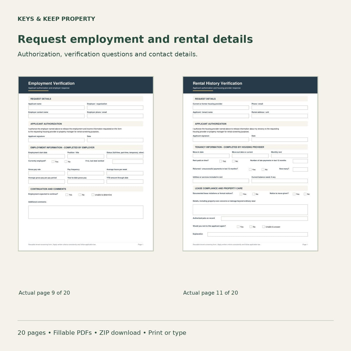 Tenant Screening Packet | 20-Page Fillable PDFs + Editable Word Applicant Handout