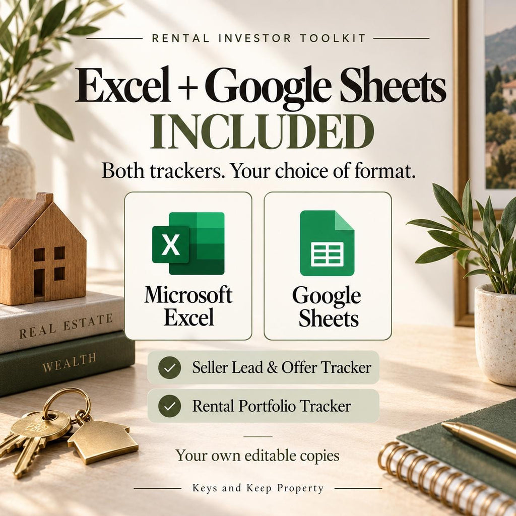 Rental Investor Toolkit | Excel + Google Sheets | Seller Lead and Offer Tracker, Follow-Up Templates and Rental Portfolio