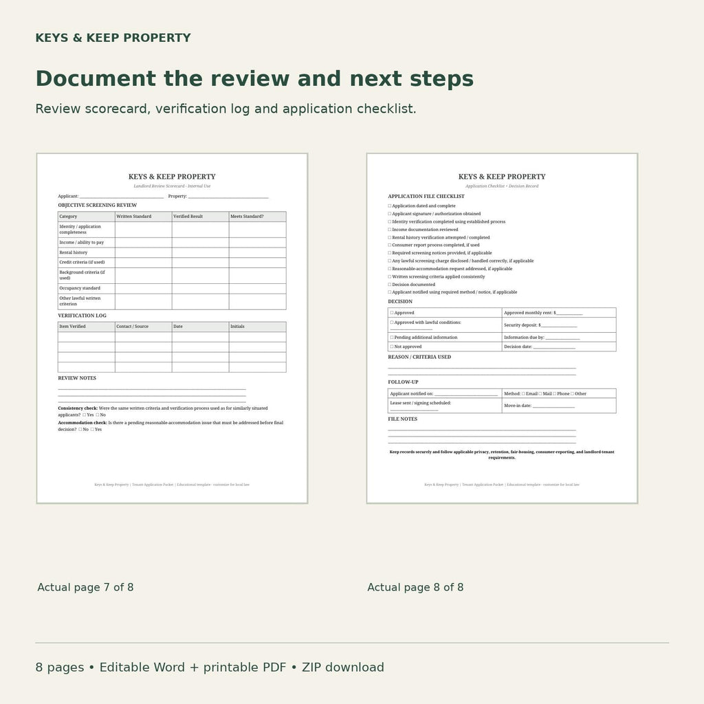 Landlord review scorecard and verification log beside application checklist, decision record, and follow-up fields.