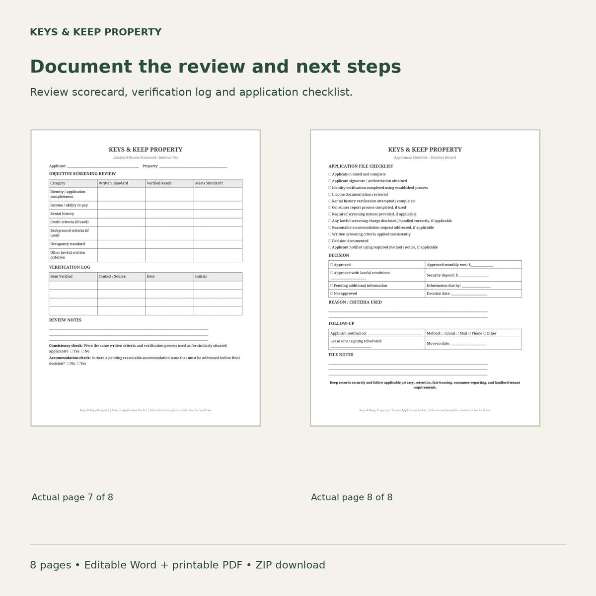Landlord review scorecard and verification log beside application checklist, decision record, and follow-up fields.