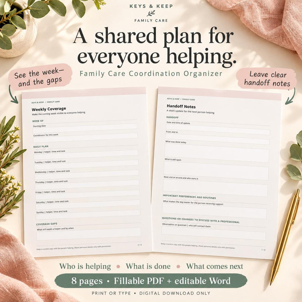 Family Care Coordination Organizer | 8-Page Caregiver Planner, Fillable PDF and Editable Word