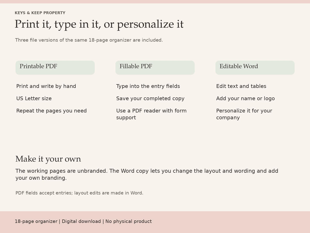 Downsizing organizer format comparison with columns for printable PDF, fillable PDF, and editable Word.