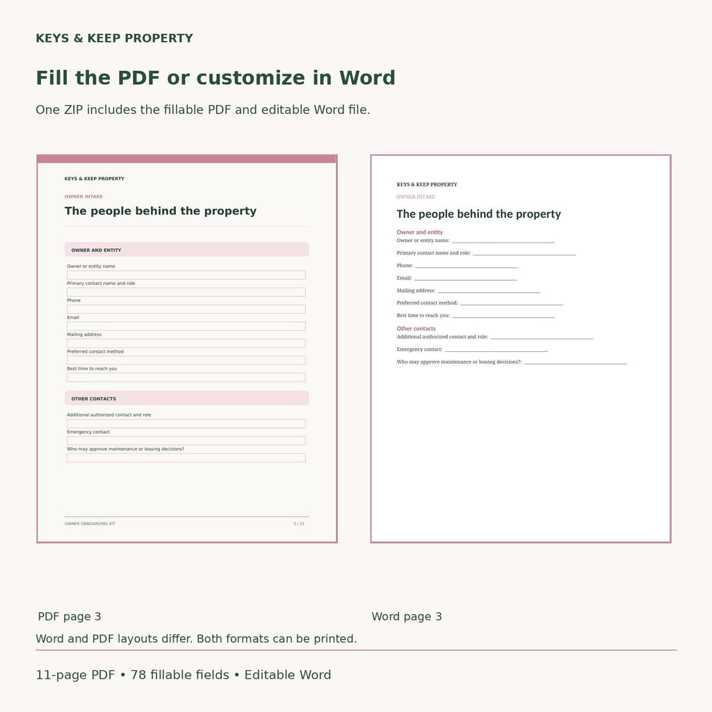 Property Management Onboarding Kit | Owner Intake Forms and Handoff Checklist | Fillable PDF + Editable Word
