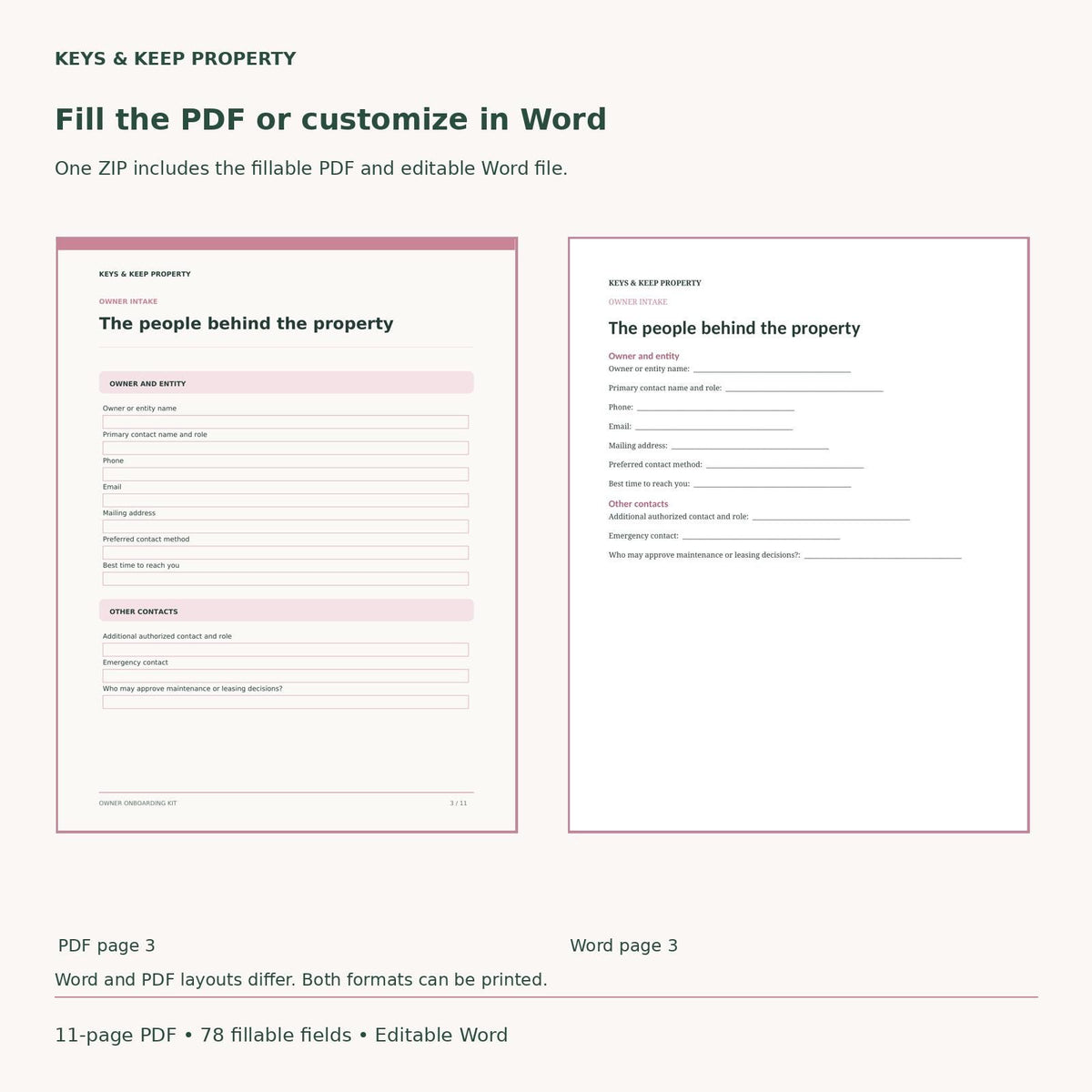 Property Management Onboarding Kit | Owner Intake Forms and Handoff Checklist | Fillable PDF + Editable Word