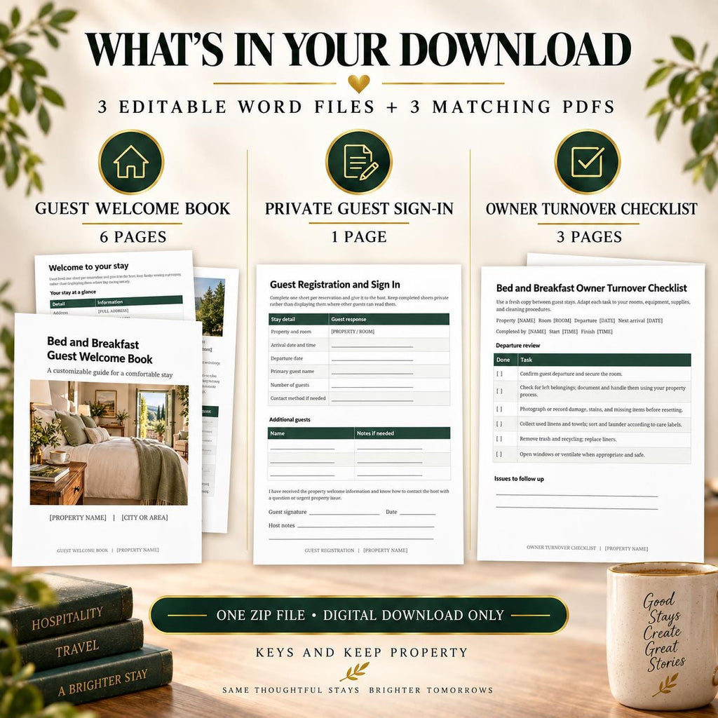 Bed and Breakfast Welcome Book Bundle | Editable Word Guest Guide & Turnover Checklists