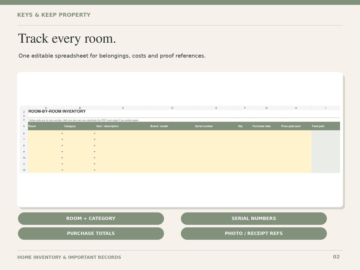 Home Inventory Spreadsheet | Excel + Google Sheets Household Tracker, Room-by-Room List & Important Records | Fillable PDF