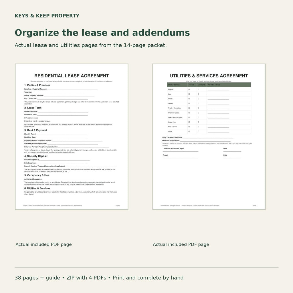 Residential Lease Agreement preview beside Utilities and Services Agreement with service-responsibility table.