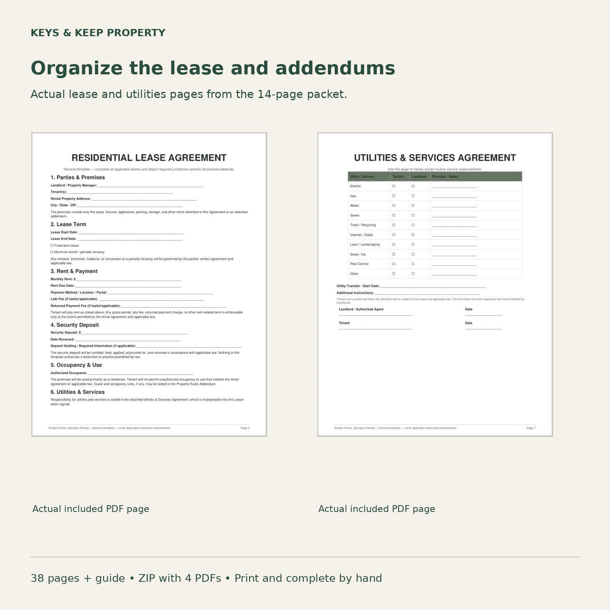 Landlord Move-In Bundle | 38-Page Printable PDF Forms, Lease, Tenant Welcome & Move-Out