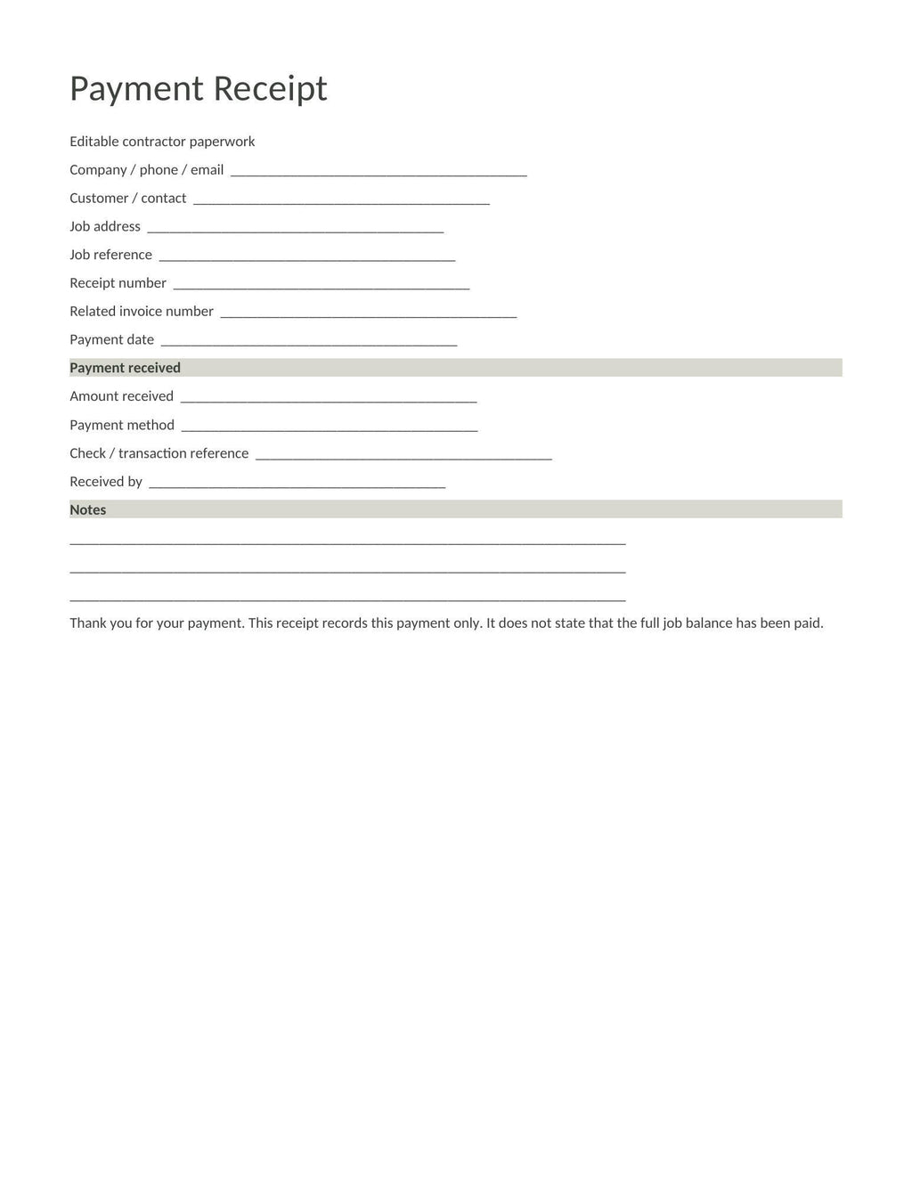 Blank Payment Receipt form with job reference, payment date, amount, method, transaction reference, and notes.