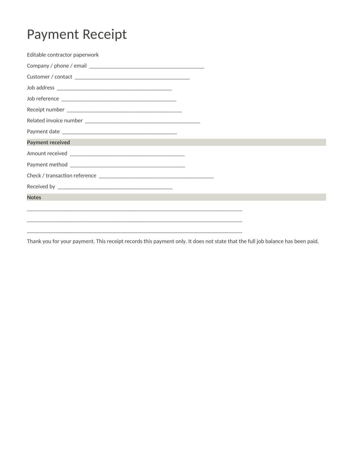 Blank Payment Receipt form with job reference, payment date, amount, method, transaction reference, and notes.