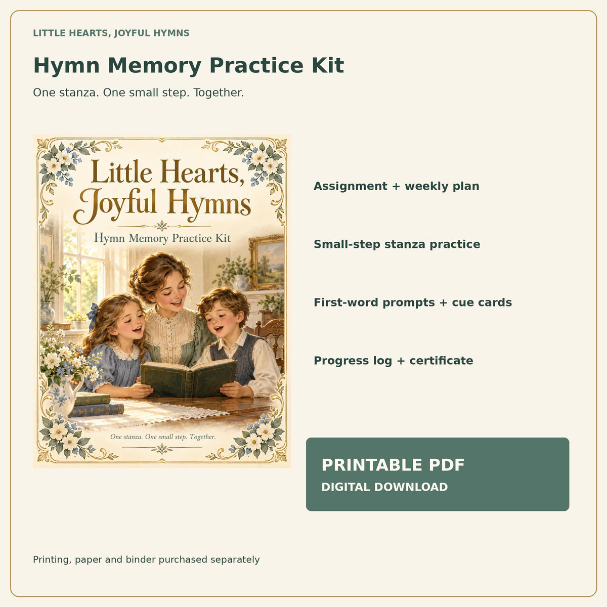 Hymn Memory Practice Kit for Kids | Printable Workbook, Stanza Practice, Cue Cards (Digital Download)