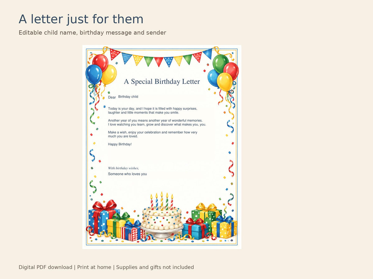Birthday Letter Printable Kit | Editable PDF, Certificate, Door Hanger and Postcard | Classic Celebration