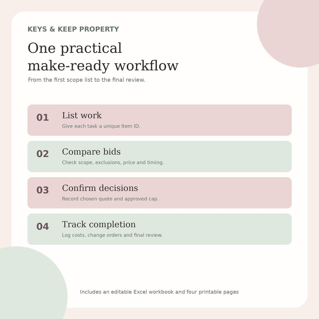 Rental Turnover Budget Spreadsheet | Excel + Google Sheets Make-Ready Kit, Contractor Bids and Vacancy Cost Calculator