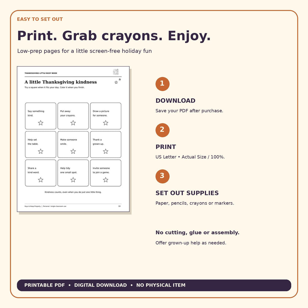 Thanksgiving Activity Book for Kids | Turkey Coloring, Word Search, Crossword, Maze & Gratitude | 14-Page Printable PDF