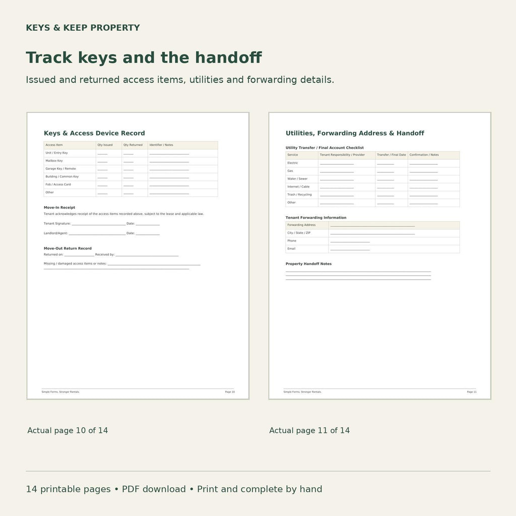 Landlord Move-In Move-Out Packet | Property Condition, Keys and Handoff Records | 14-Page Printable PDF