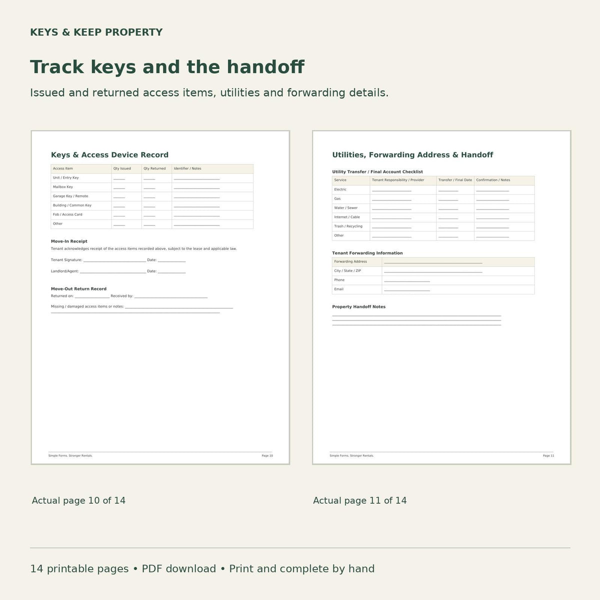 Landlord Move-In Move-Out Packet | Property Condition, Keys and Handoff Records | 14-Page Printable PDF