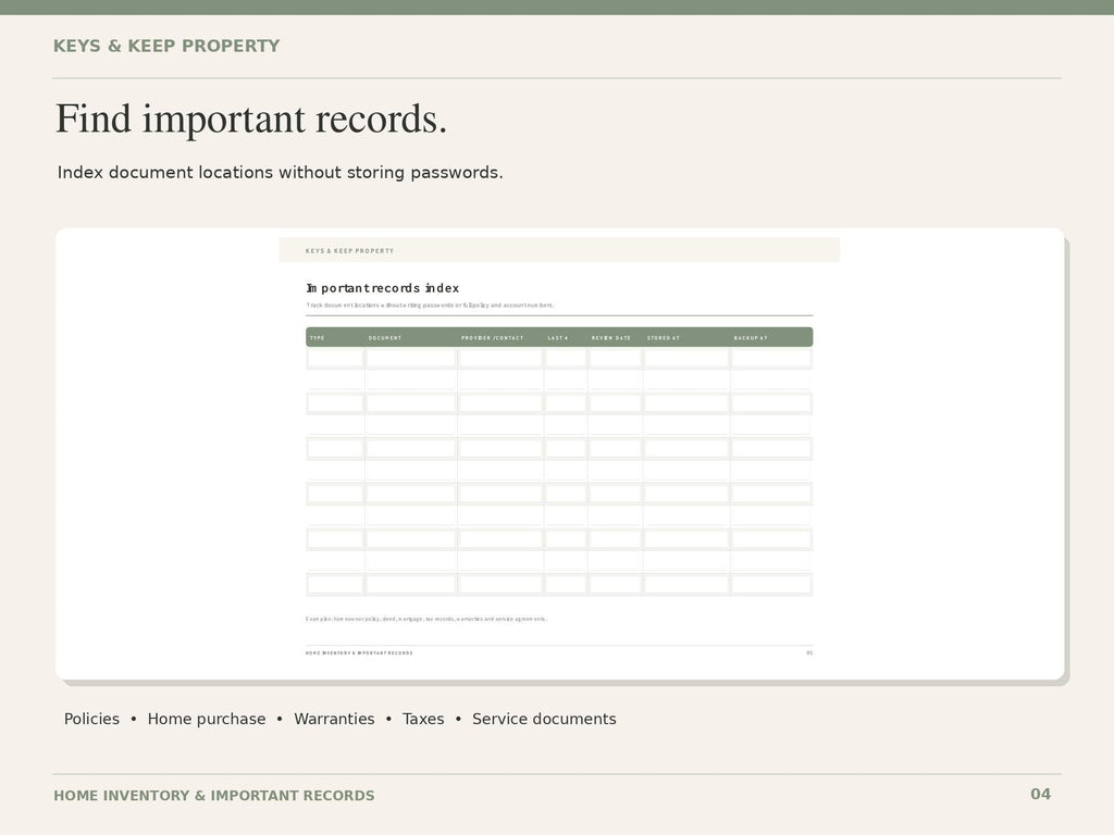 Home Inventory Spreadsheet | Excel + Google Sheets Household Tracker, Room-by-Room List & Important Records | Fillable PDF