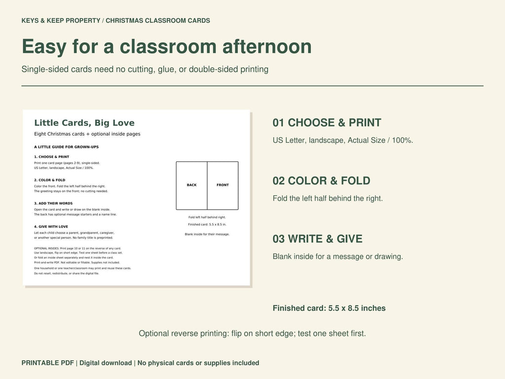Christmas card teacher guide with a folding diagram and print, color, fold, write, and give instructions.