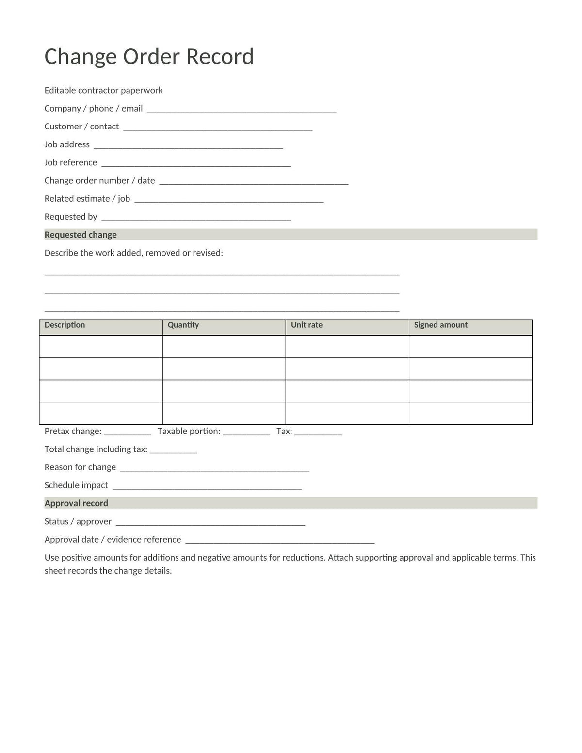 Blank Change Order Record with requested-work table, signed amounts, schedule impact, and approval fields.