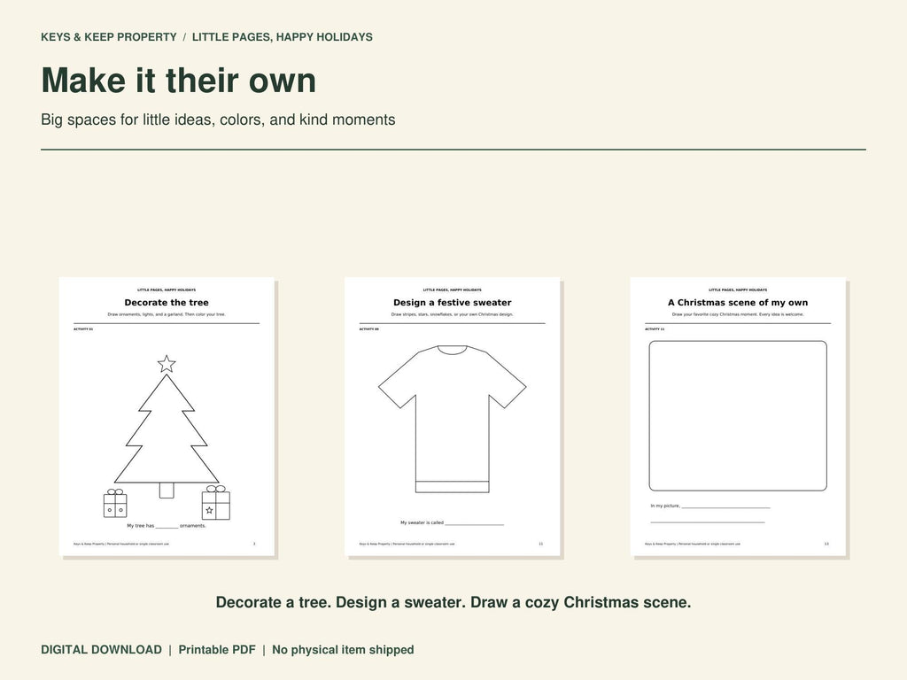 Christmas drawing activities featuring a blank tree, sweater outline, and open scene drawing space.