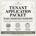 Tenant Application Packet title graphic with folder, document, and checklist icons and an eight-page Word and PDF banner.