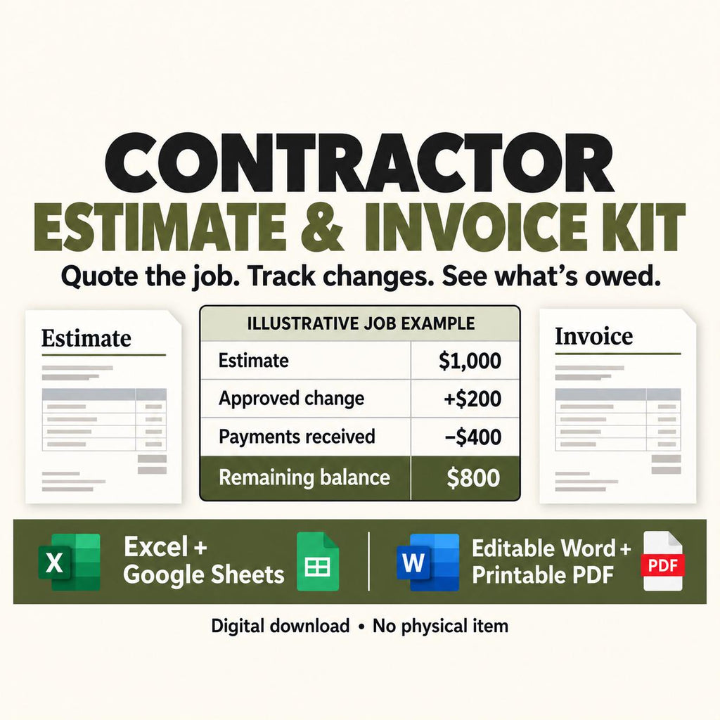 Contractor Estimate and Invoice Kit graphic with estimate and invoice icons and an illustrative $800 balance example.