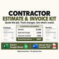 Contractor Estimate and Invoice Kit graphic with estimate and invoice icons and an illustrative $800 balance example.