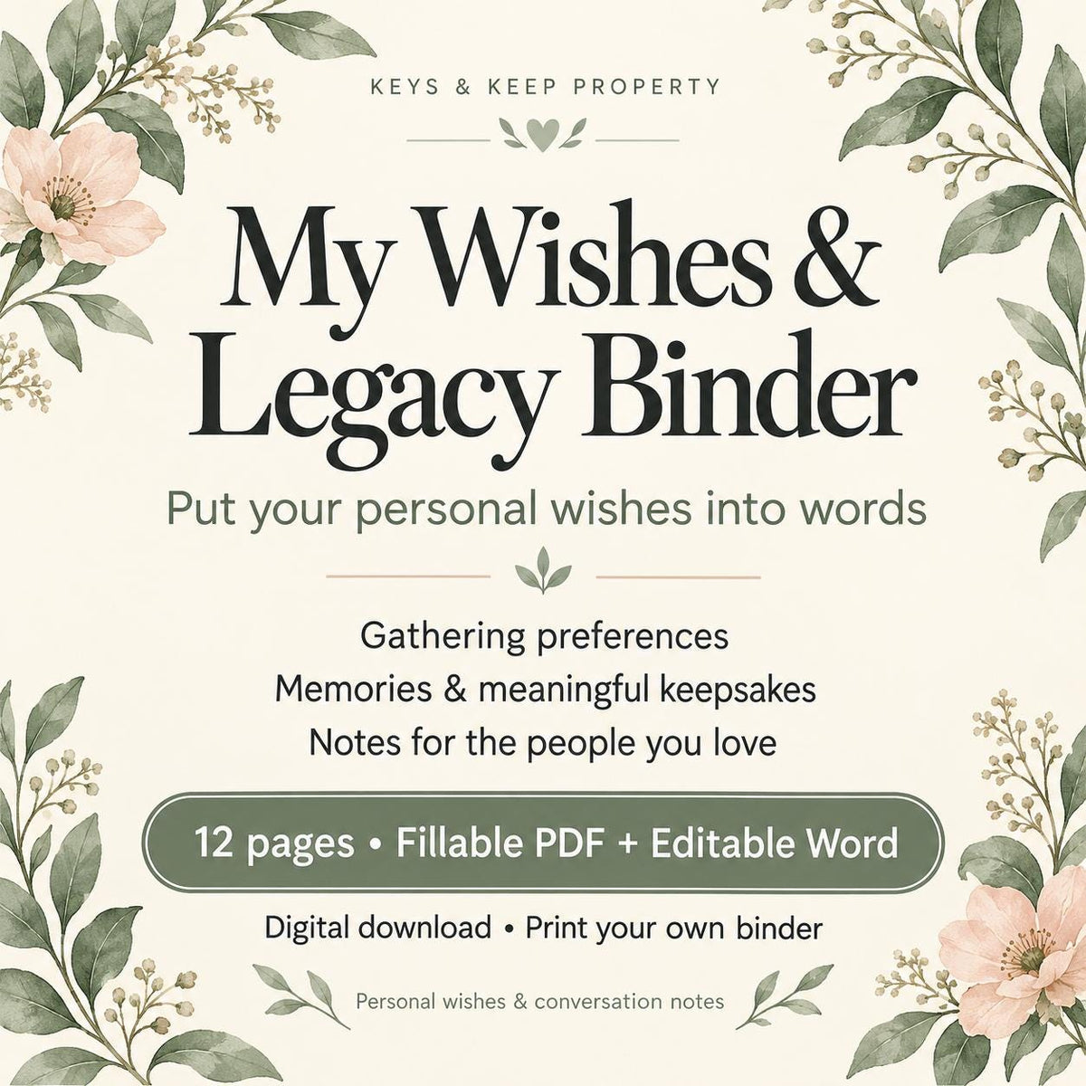 End of Life Wishes & Legacy Binder | 12-Page Planner, Fillable PDF + Editable Word