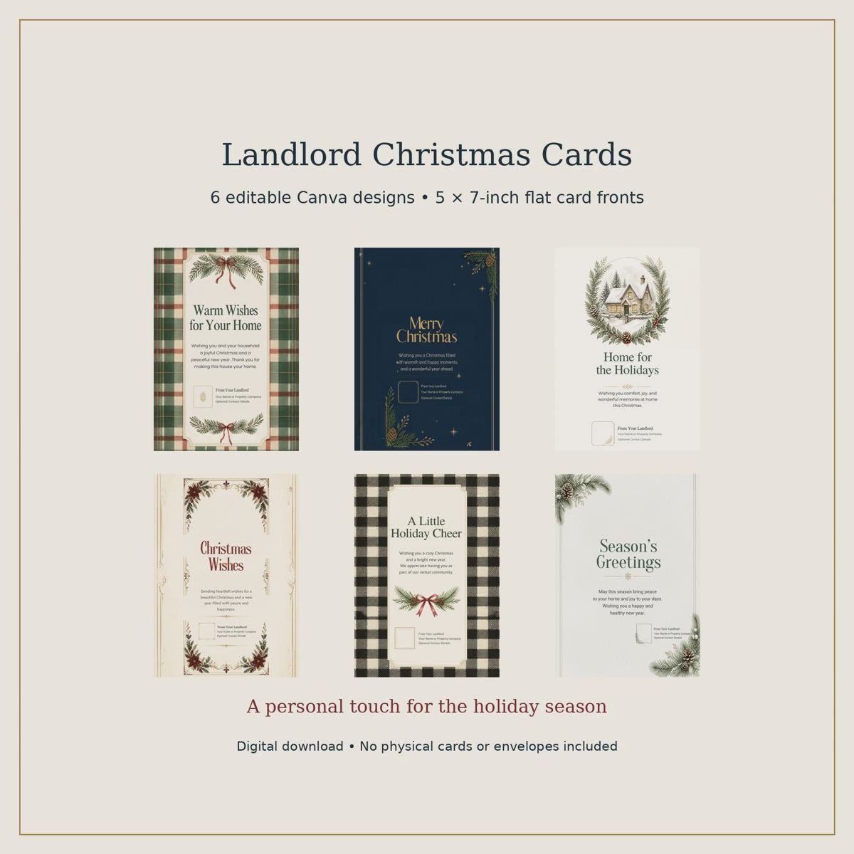 Landlord Christmas Card Templates | 6 Editable Canva Designs, 5x7 Holiday Greeting Cards
