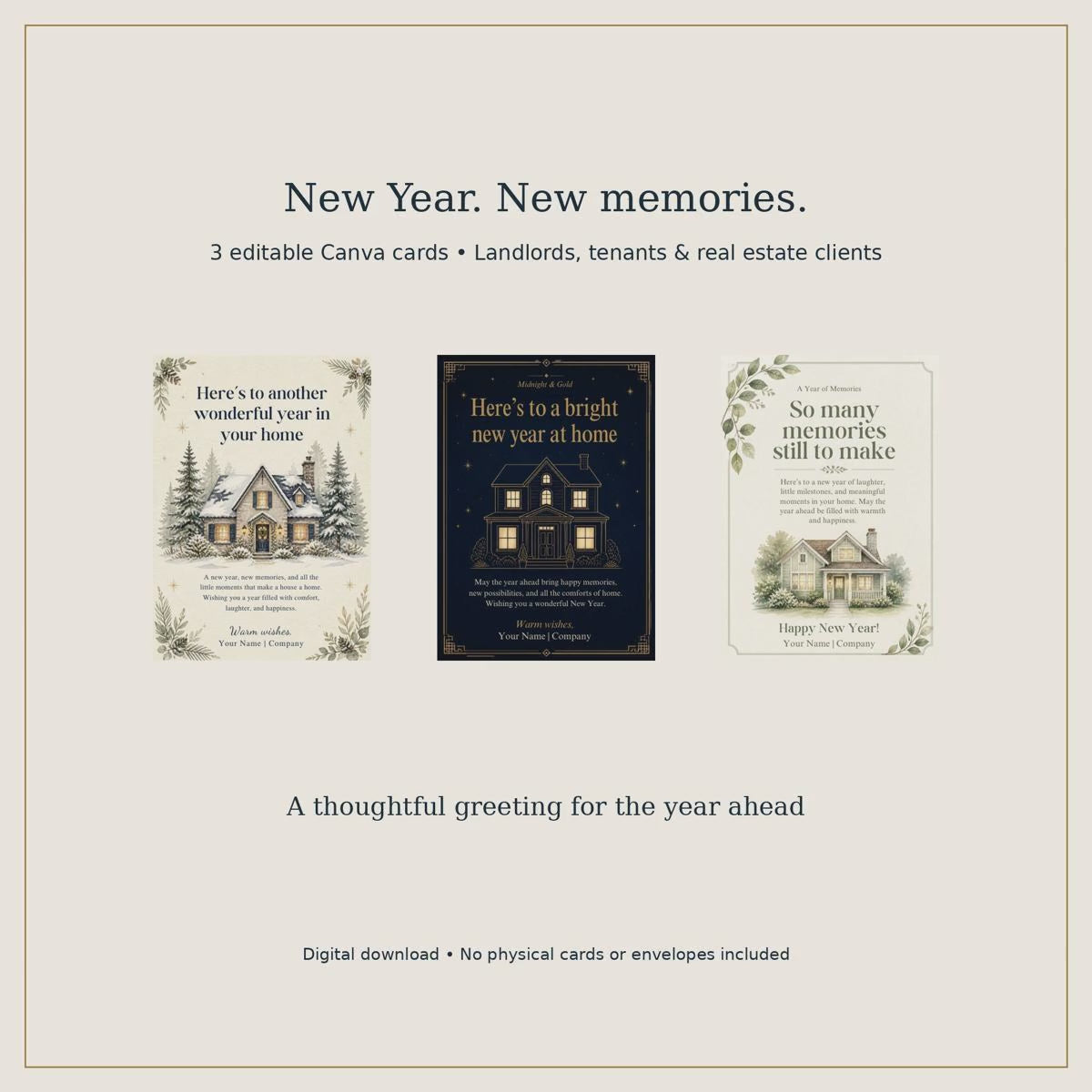 New Year Card Templates for Landlords, Tenants & Realtors | 3 Editable Canva Designs, 5x7 Home Greeting Cards