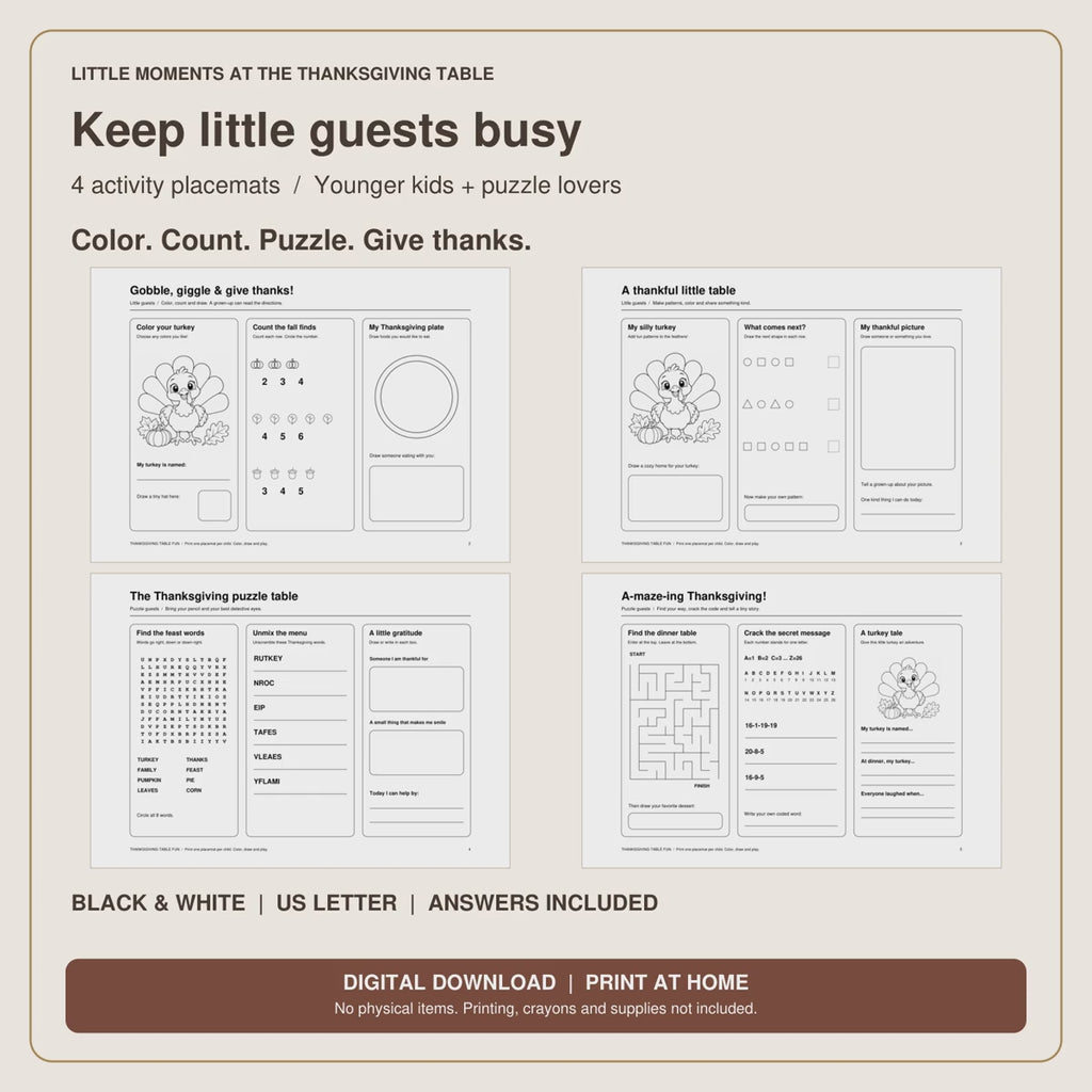 Thanksgiving Activity Placemats for Kids | 4 Coloring & Puzzle Pages, Printable PDF
